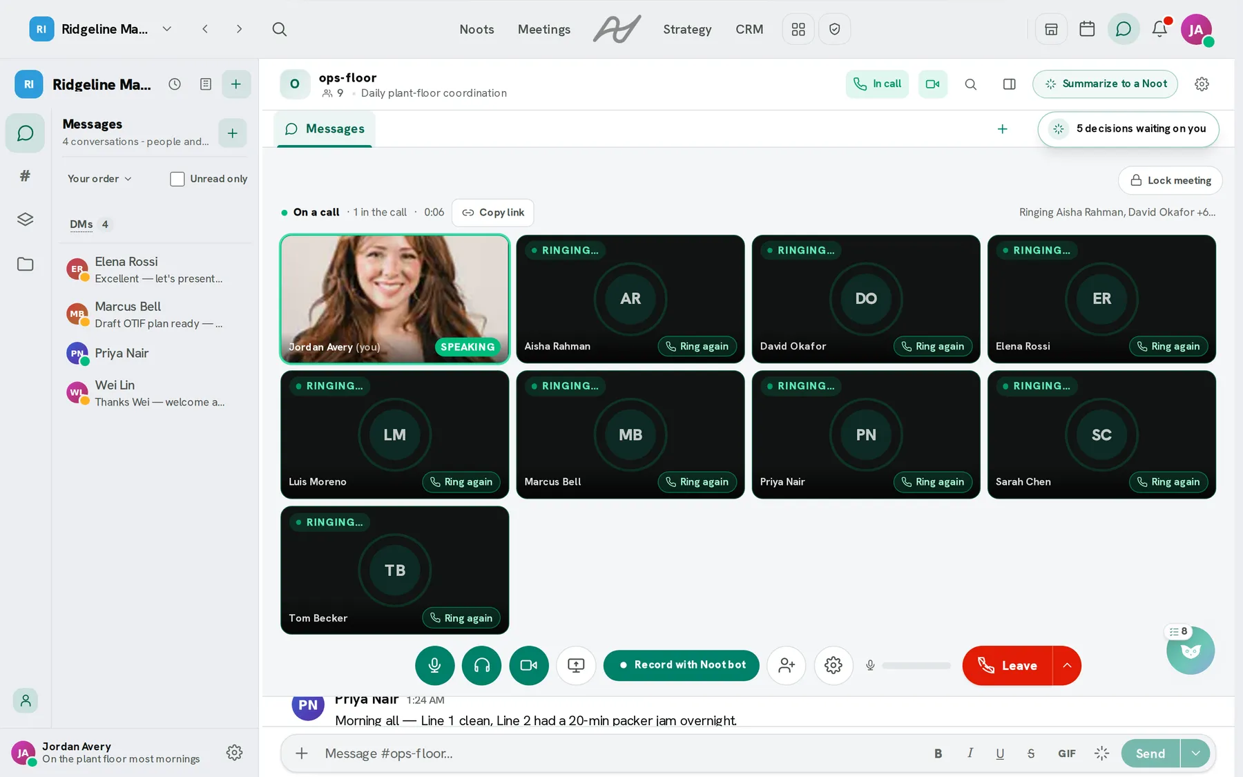 A call started from the same channel: the caller's video tile marked speaking, a tile for every member being rung with a ring-again control, the copy-link control, and the call dock with mute, headphones, camera, screen share, Record with Navalo bot, invite, settings and Leave.